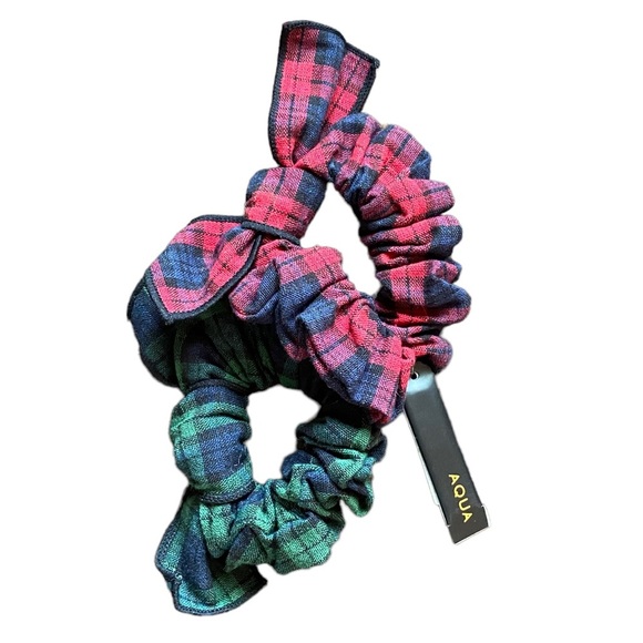 {Aqua) 2pc. Bow hair scrunchie in plaid - Picture 1 of 3